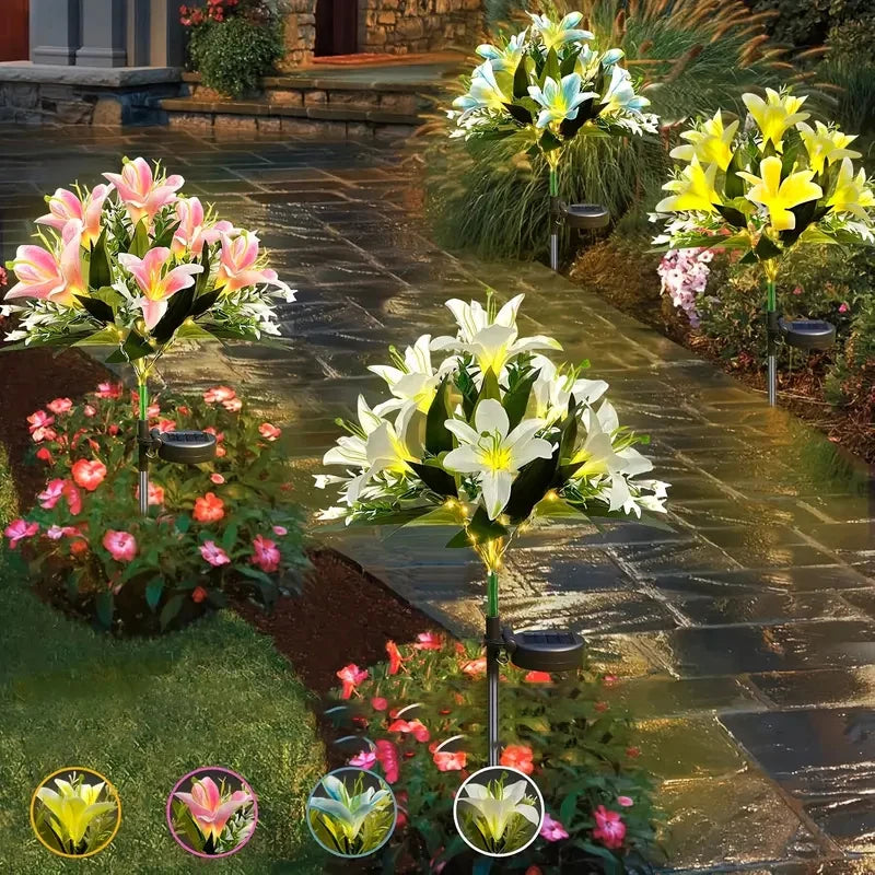 Lily Flower Solar Lights With Warm White Light, Outdoor Garden Decor