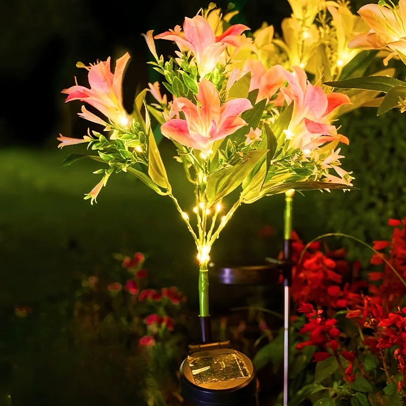 Lily Flower Solar Lights With Warm White Light, Outdoor Garden Decor
