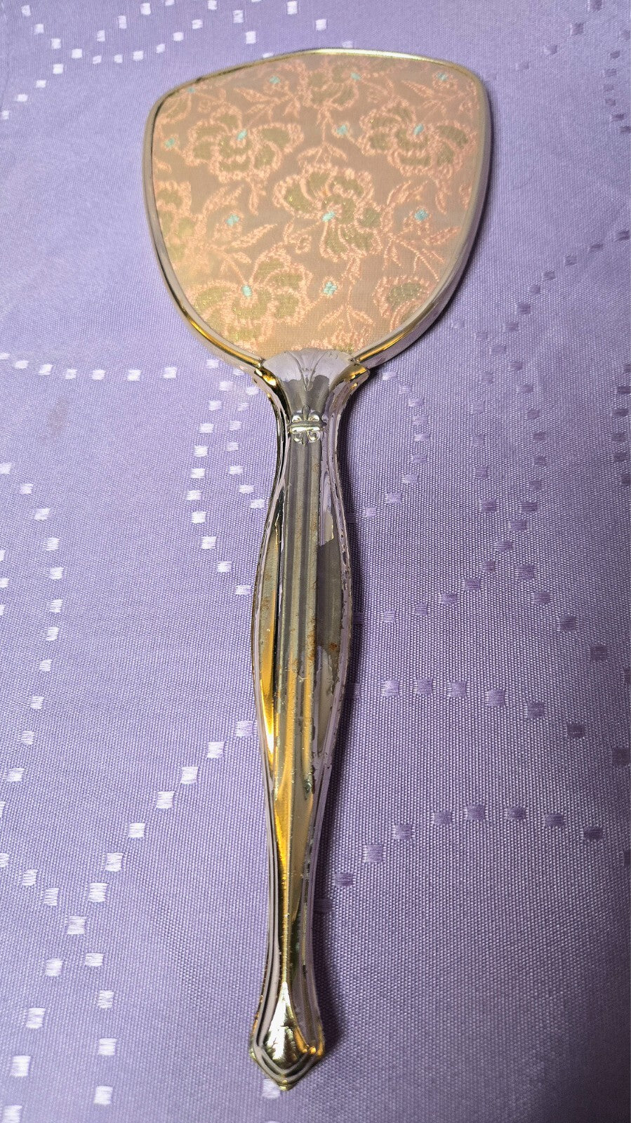 Vintage 1950's Vanity Set (Mirror, Brush & Comb) - Pink & Gold Tone Tapestry
