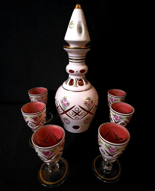 Vintage Bohemian (Czech) Glass Decanter Set with Six Matching Cordial Glasses 