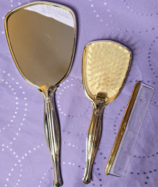 Vintage 1950's Vanity Set (Mirror, Brush & Comb) - Pink & Gold Tone Tapestry
