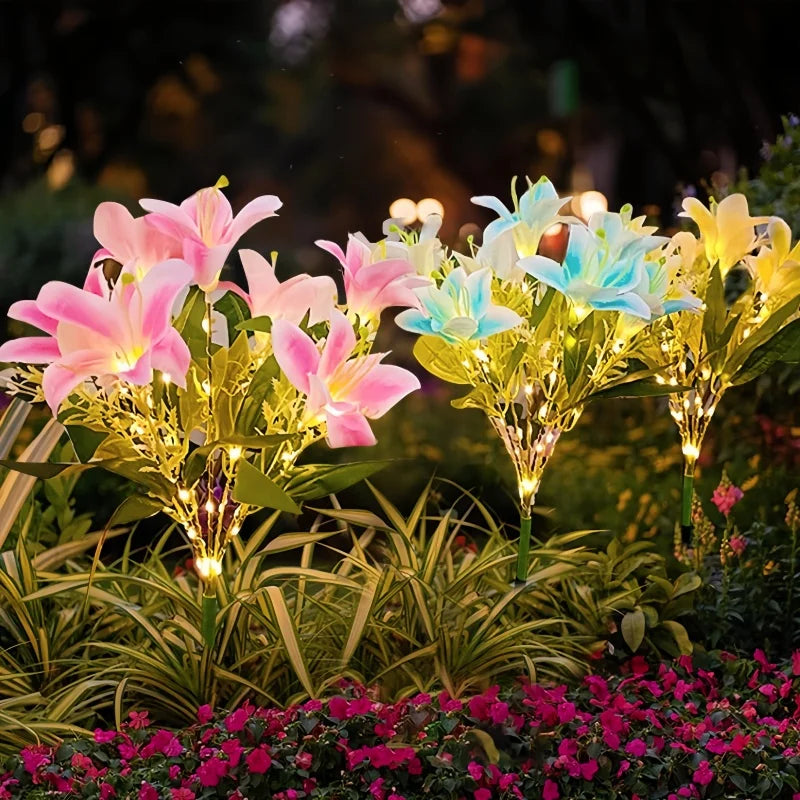 Lily Flower Solar Lights With Warm White Light, Outdoor Garden Decor