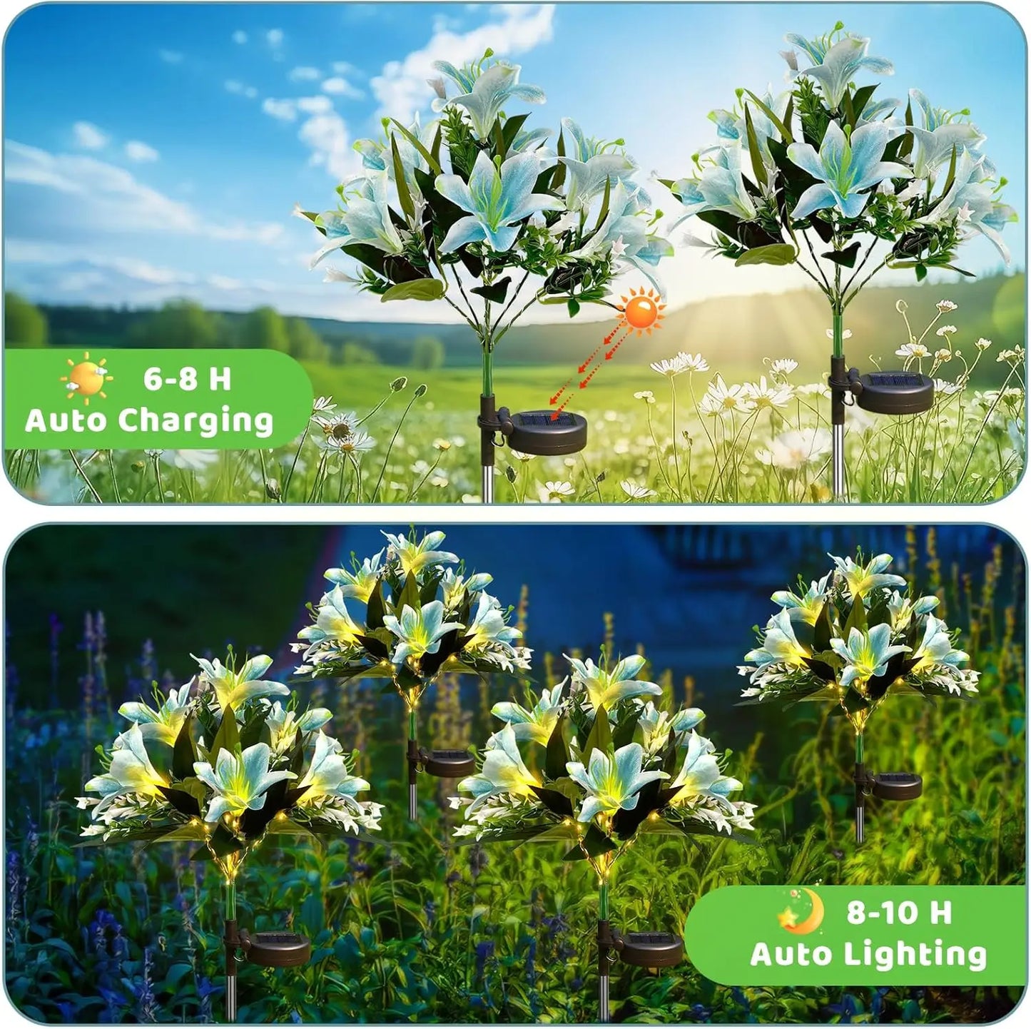 Lily Flower Solar Lights With Warm White Light, Outdoor Garden Decor
