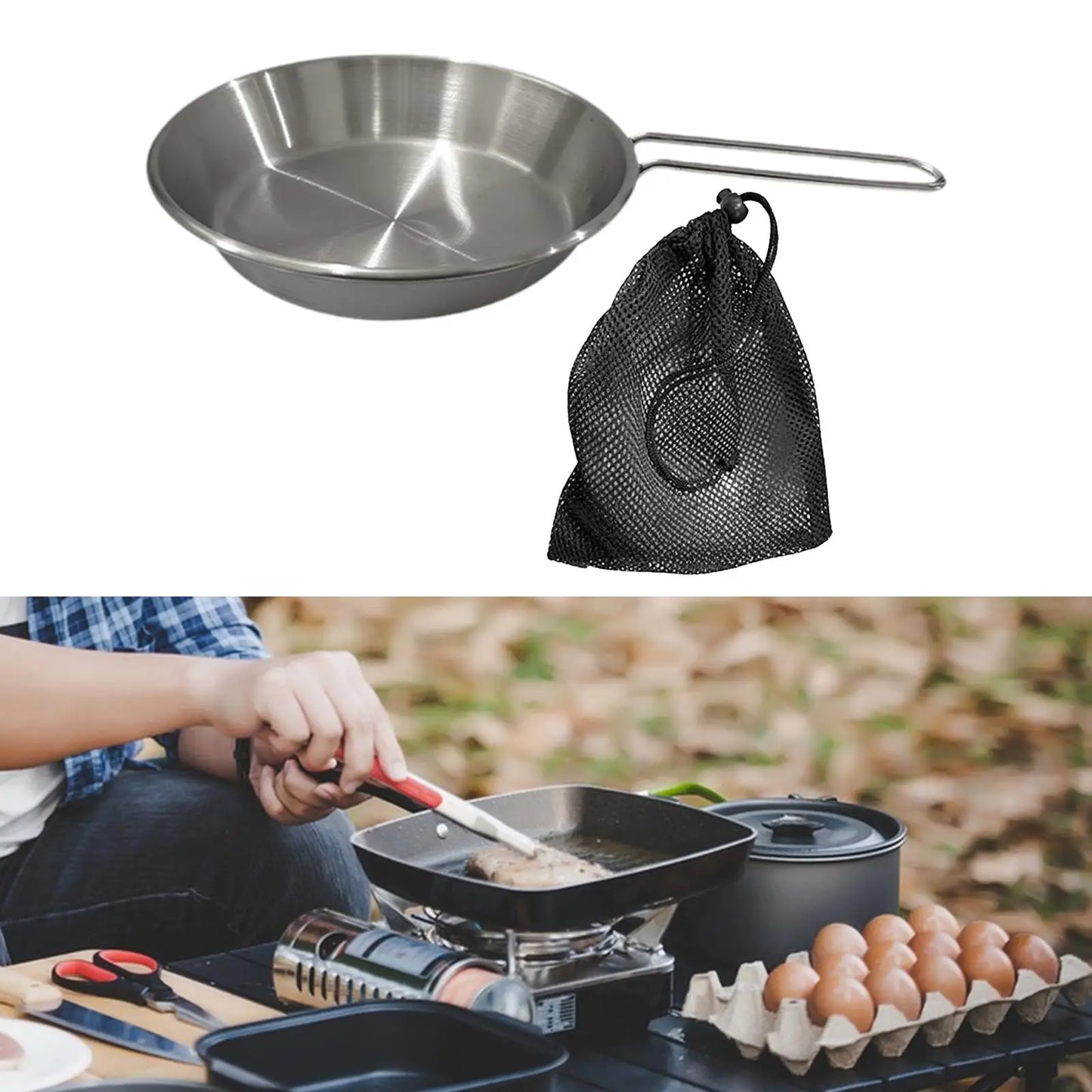 Stainless Steel Camping Fry Pan Folding Handle Non-Stick