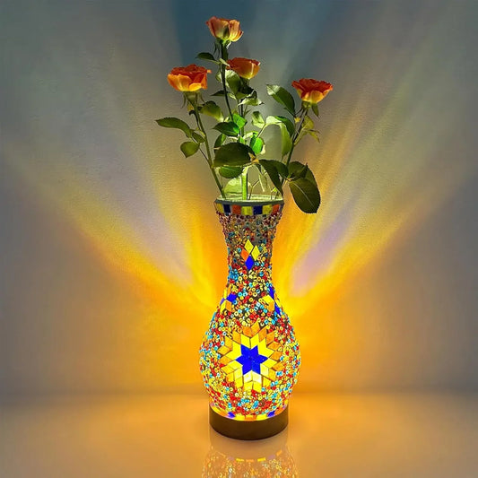 Mosaic Vase Lamp, Turkish Moroccan with Wood Base for Flowers, USB Charged Light