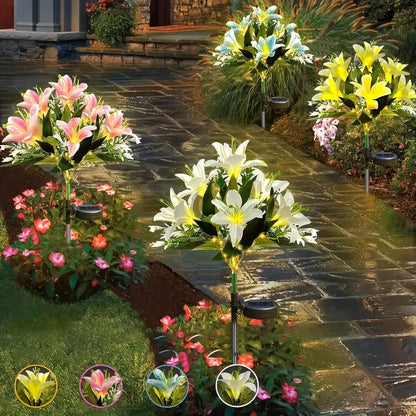Lily Flower Solar Lights With Warm White Light, Outdoor Garden Decor