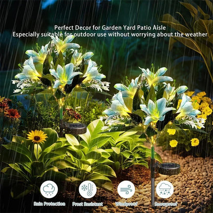 Lily Flower Solar Lights With Warm White Light, Outdoor Garden Decor
